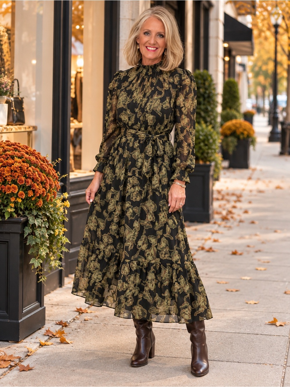 Moon River Olive Floral Ruffle-Neck Maxi Dress Large